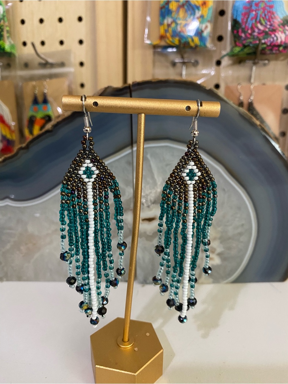 Beaded Teal and White Fringe Drop Earrings